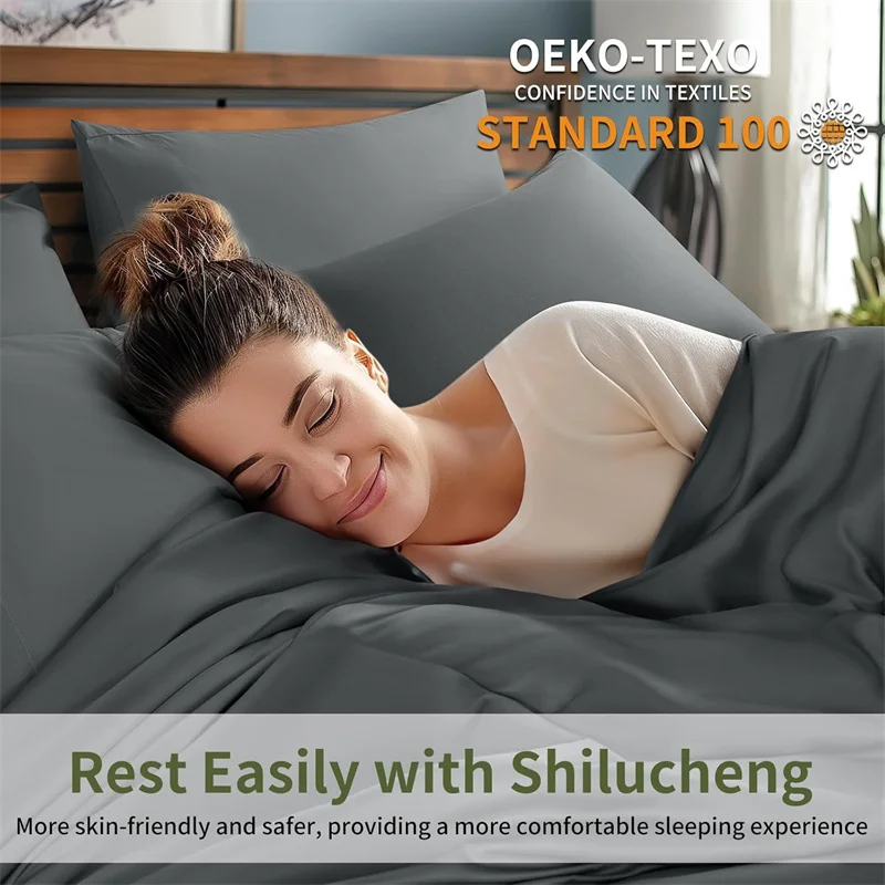 4/6Pcs 100% Bamboo Bed Sheet Set Luxury Smooth Bed Sheet Pillowcase Solid Color Bedding Set Double Queen Size Flat Fitted Sheets 5