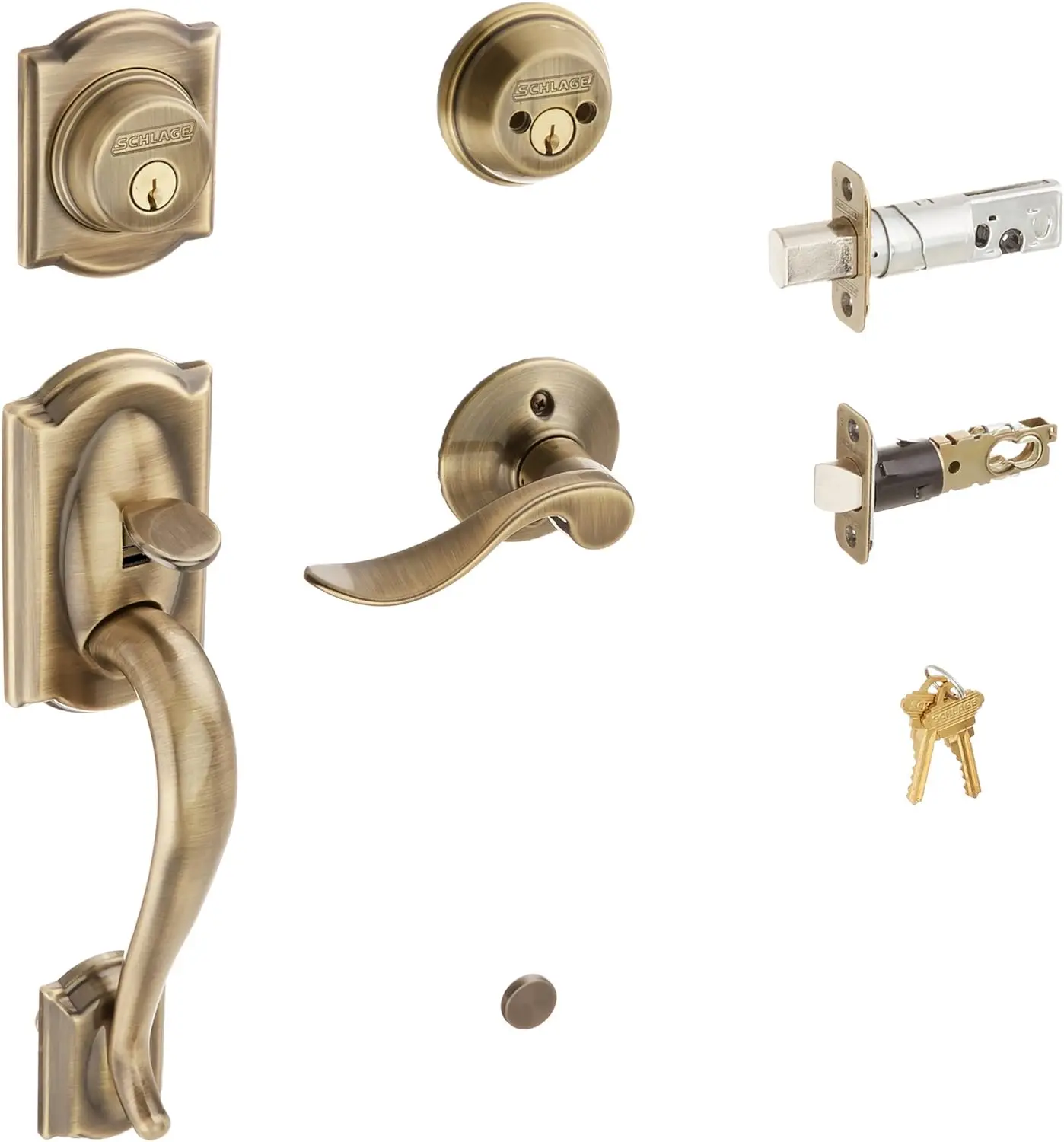 Schlage F62CAM609ACCLH Camelot Handleset Keyed 2-Sides with Accent Left-handed Lever, Antique Brass