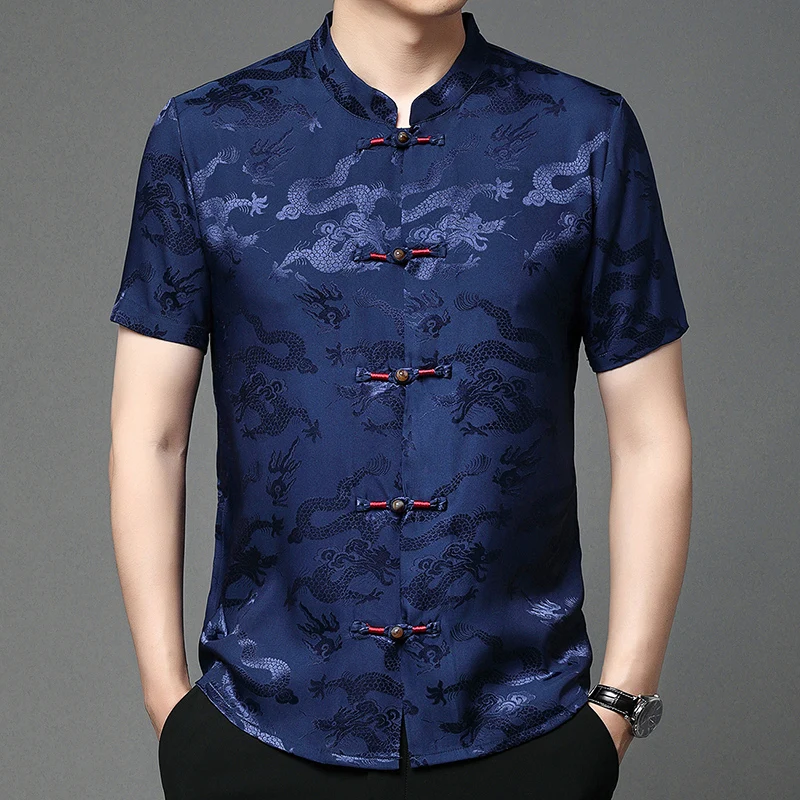 Men's China Traditional Dragon Pattern Soft Silk Shirt Summer Fashion Stand Collar Tops Male Short Sleeve Silk Dress