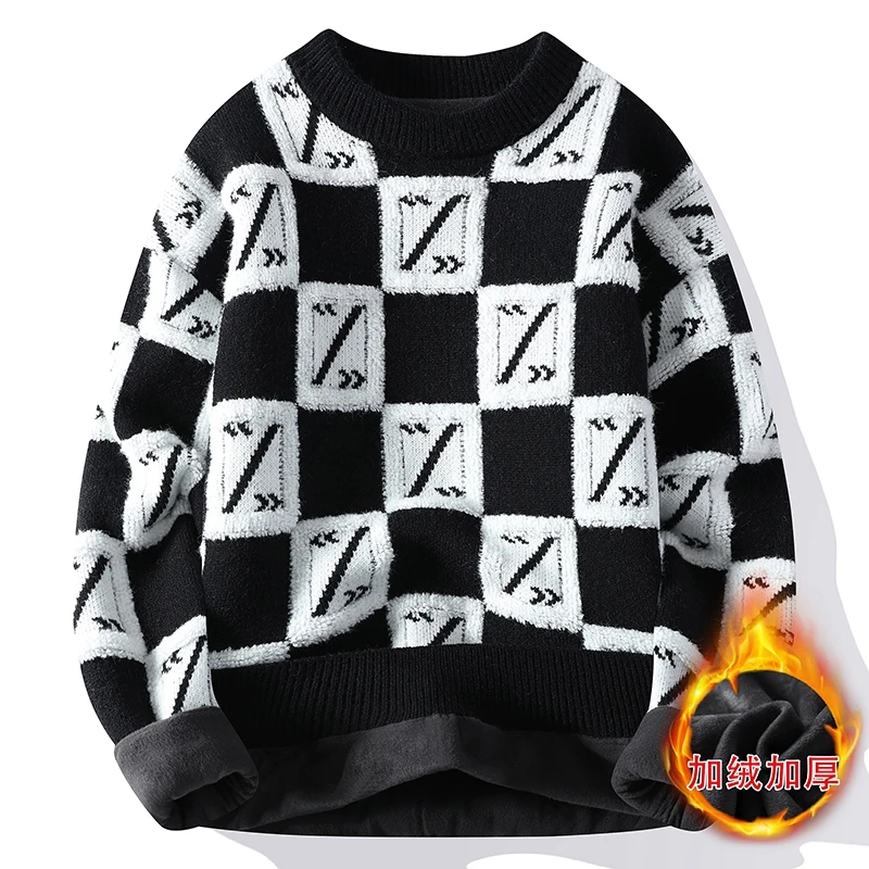 Men's Round Neck Sweater Autumn and Winter New Fashionable Printed Striped Plaid Long Sleeved Youth Popular Loose Sweater Tops