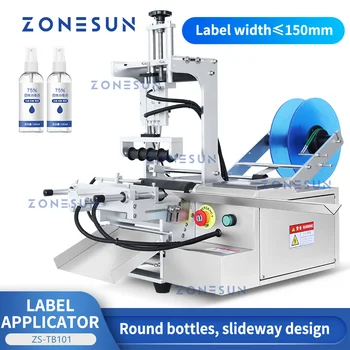 ZONESUN 탁상 라벨링 기계, 원형 원통형 병, 물 음료, 화장품 제품 라벨 어플리케이터, 슬라이드 웨이 ZS-TB101
