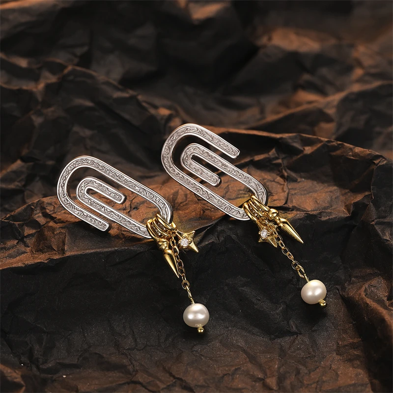 925 Sterling Silver Irregular Cross Star Drop Earrings for Women Light Luxury Freshwater Pearl Earrings Exaggerated Jewelry