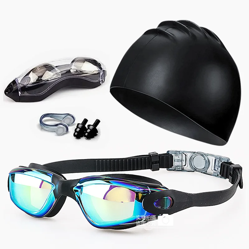 4 adult swimming high-definition anti fog electroplated swimming goggles, waterproof silicone nose clip earplugs, caps