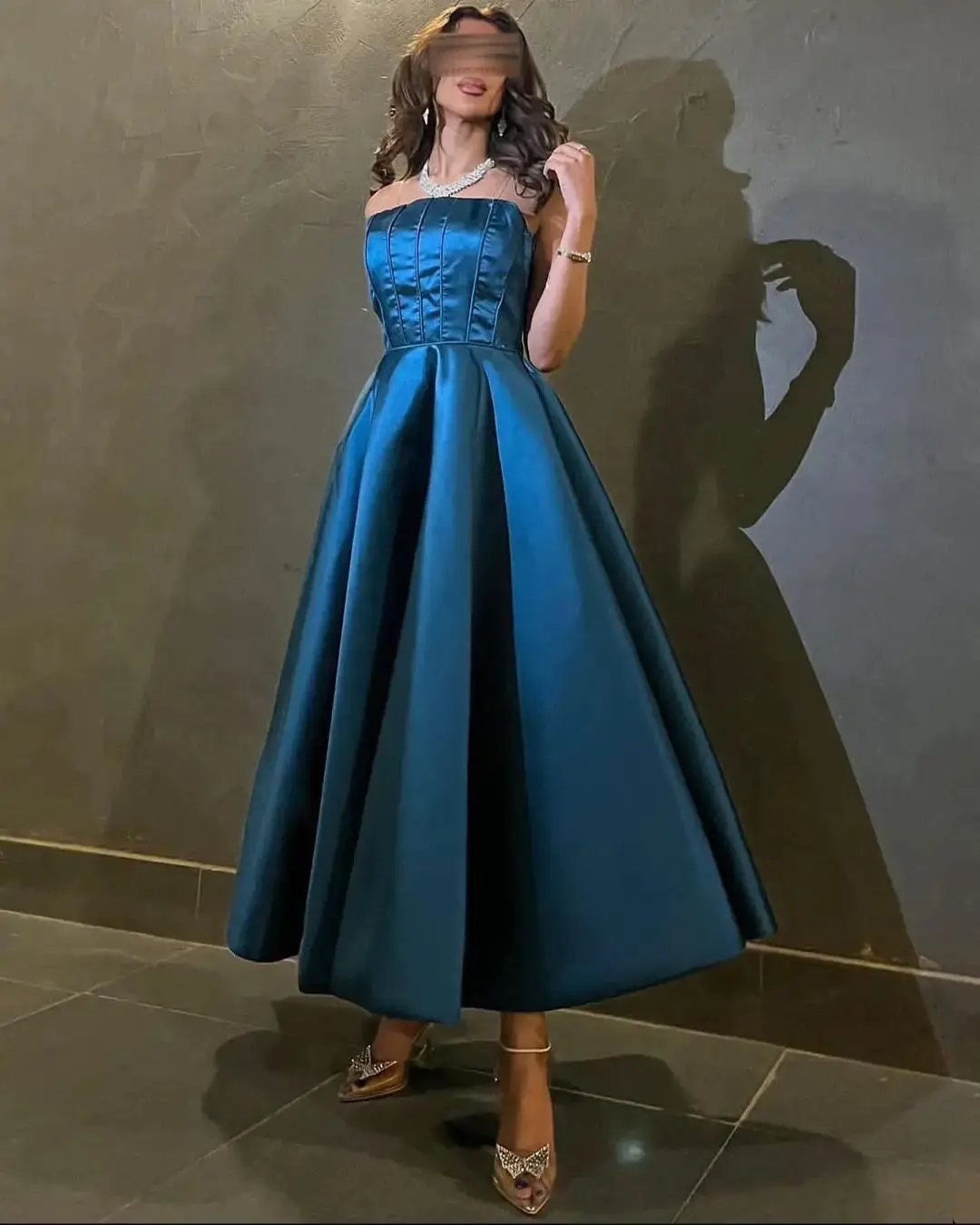 

Blue Satin Strapless Long Prom Dresses A-Line Ankle Length Saudi Arabic Women Prom Night Event Gowns Robe de soiree