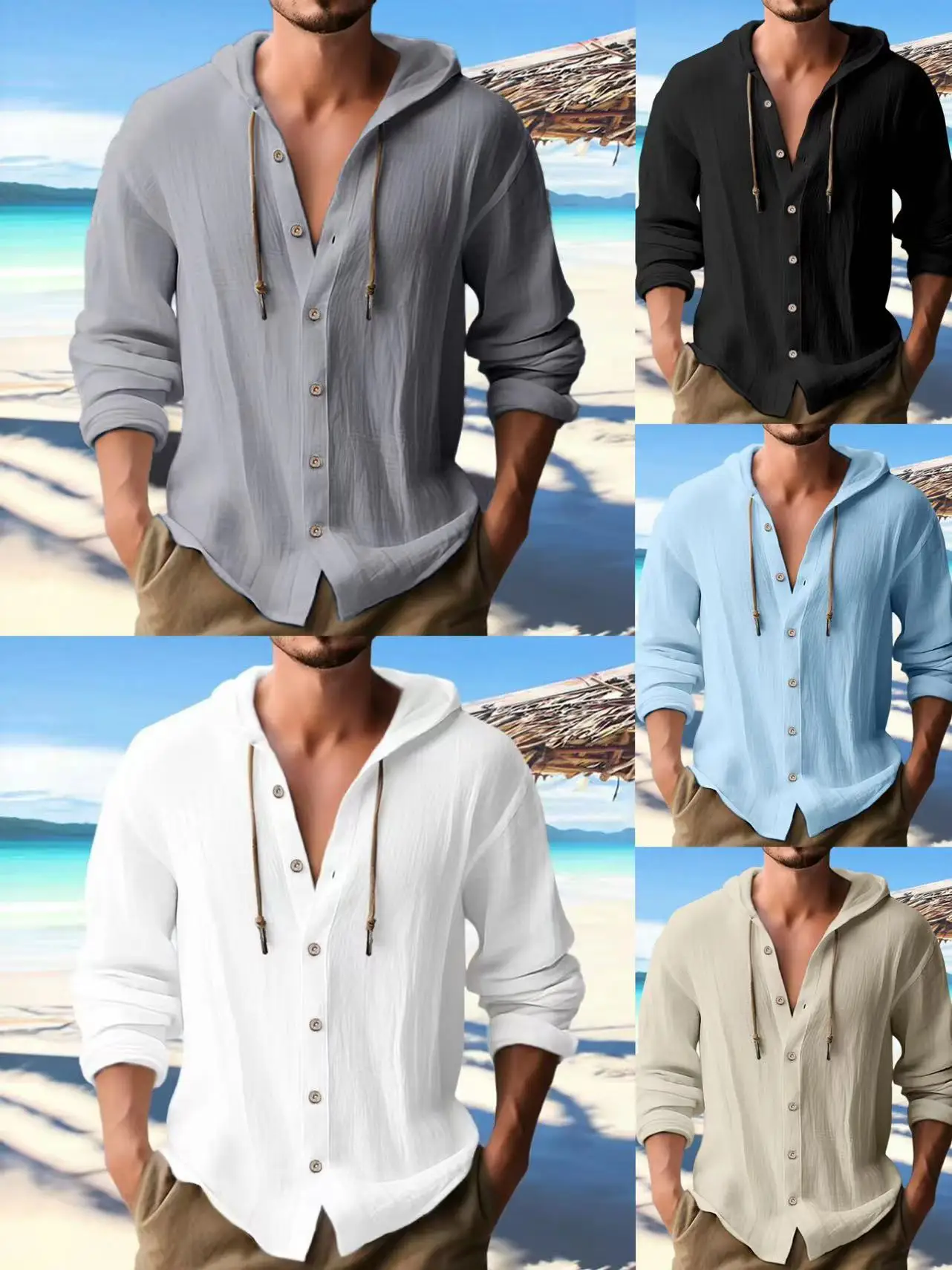 

Men's Cotton Linen Shirt Solid Color Long Sleeve Hoodie Cardigan Long Sleeve For Male Tops Casual Loose Button Man Shirts