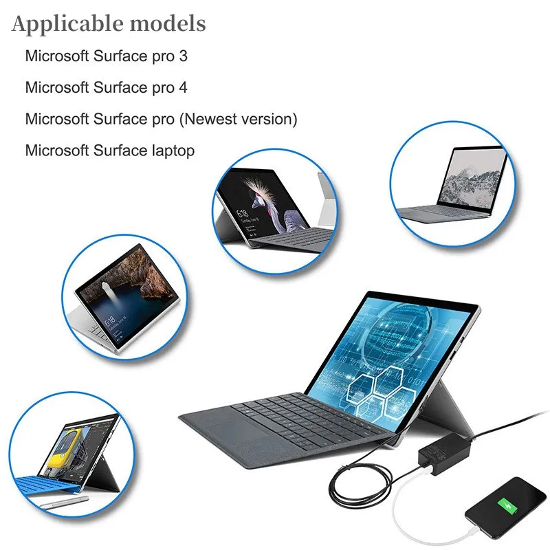 44W 65W 전원 어댑터 Microsoft Surface Pro4/5/6/7/8/9 Laptop1/2/3/4 Go Book1/2/3 1625 1800 1706 1796 1769 1798 1932 충전기