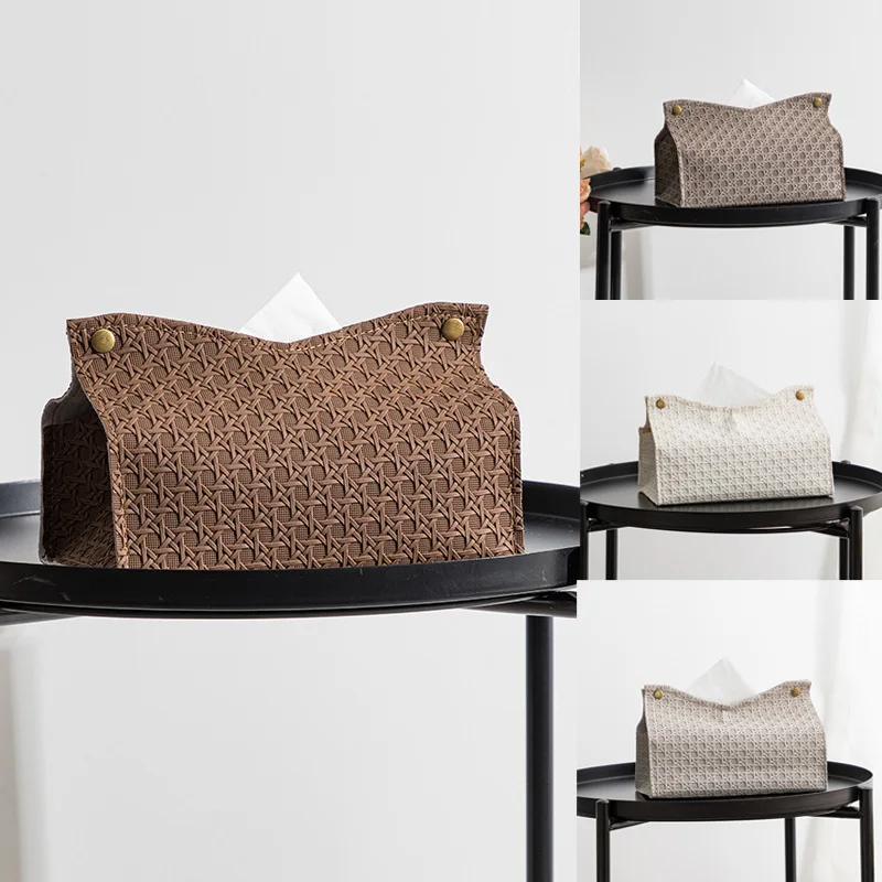 

1PC Nordic PU Leather Tissue Box Living Room Napkin Holder Storage Box Household Tea Table PU Rattan Leather Tissue Box Kitchen