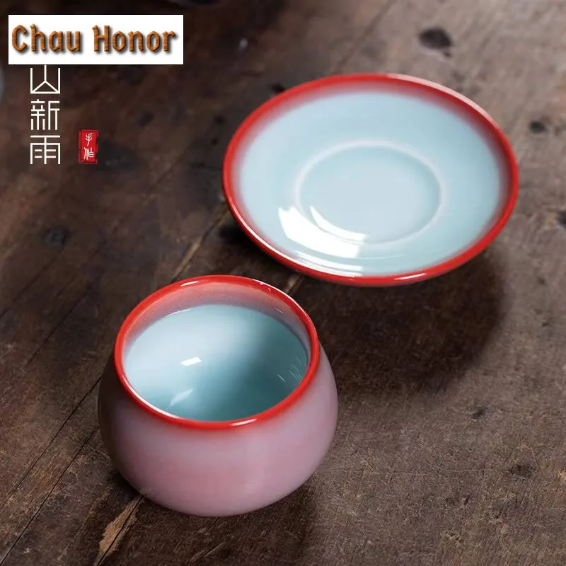 100ml Handmade Longquan Celadon Teacup Boutique Red Glaze Master Cup Top Grade Personal Tea Bowl Jianzhan Tea Services Ornaments