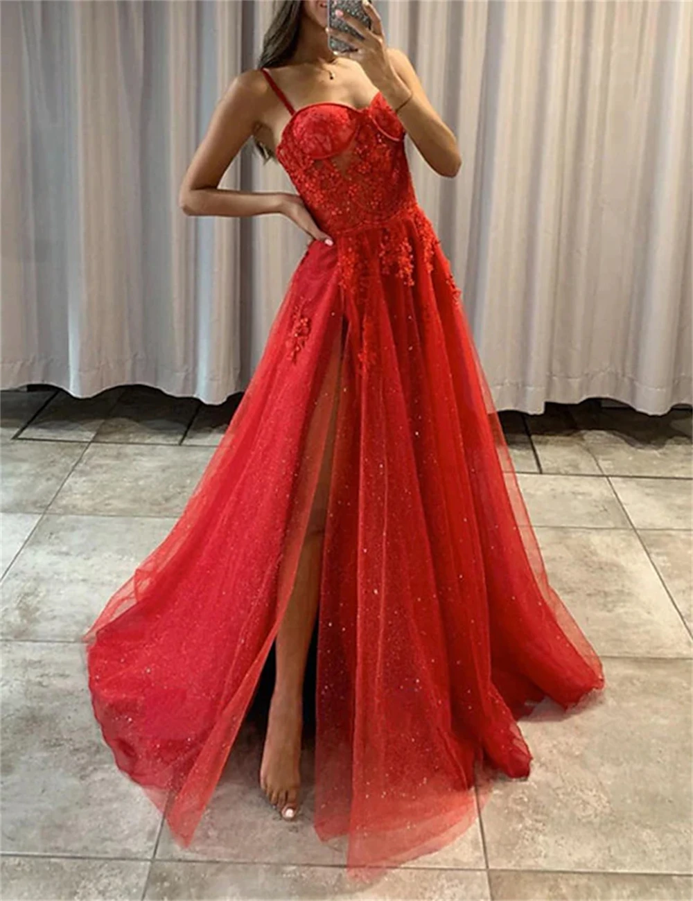 

Fancy Prom Dresses Corsets Formal Occasion Dresses Sweep Train Spaghetti Strap Sleeveless A-Line Tulle with Slit Appliques 2024