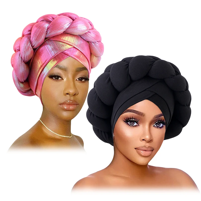 2PCS/LOT Bronzing Forehead Cross Double Braided Turbans Headwear Headdress African Headtie Head Wraps Negerian Wedding Gele Cap