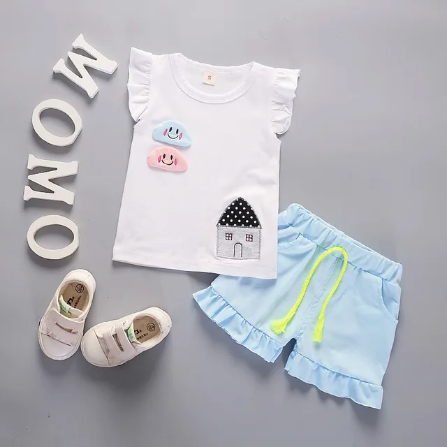 Summer Cute Cartoon 2PCS Kids Baby Girls Floral T-shirt Top Shorts Pants Set Clothes Girls Clothing Sets FangZi-white