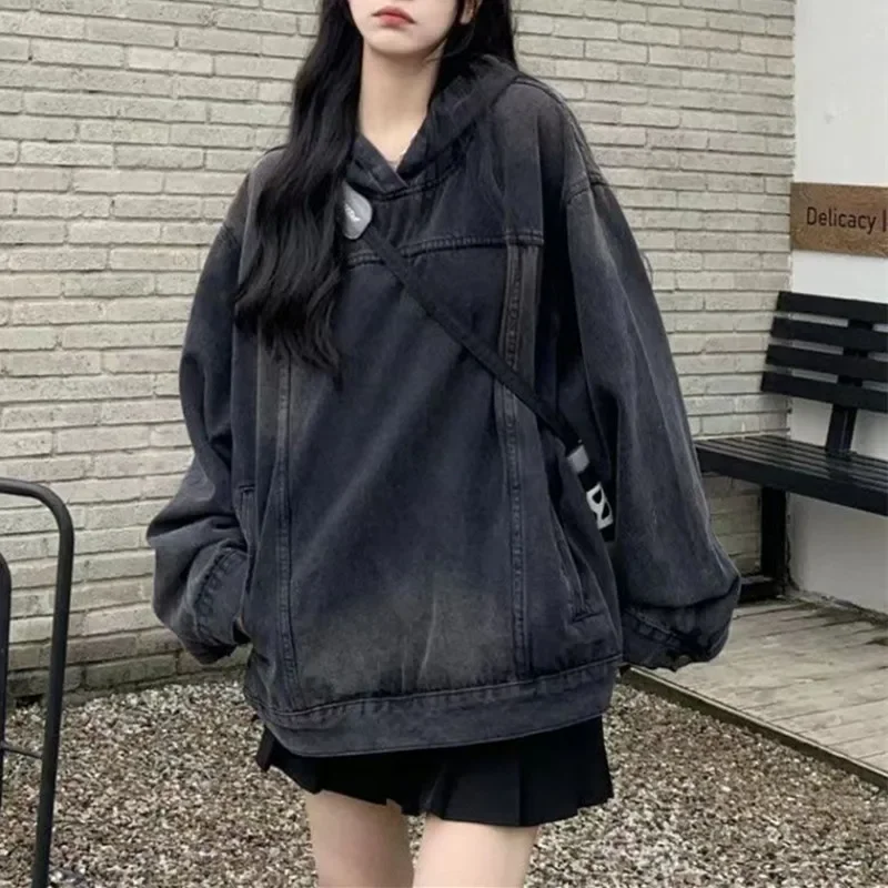 American Style Vintage Women's Denim Sweatshirt Jacket Loose Fit Hooded Pullover Sweatshirt Trendy Spring Autumn 2023 Arrival