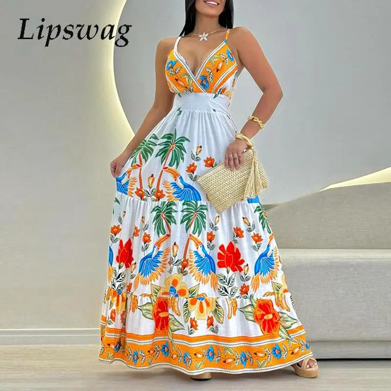 

Chic Bohemian V-neck Vocation Dresses Sexy Elegant Pattern Printed Waist A-line Dress Women 2024 Big Hem Suspender Maxi Dress