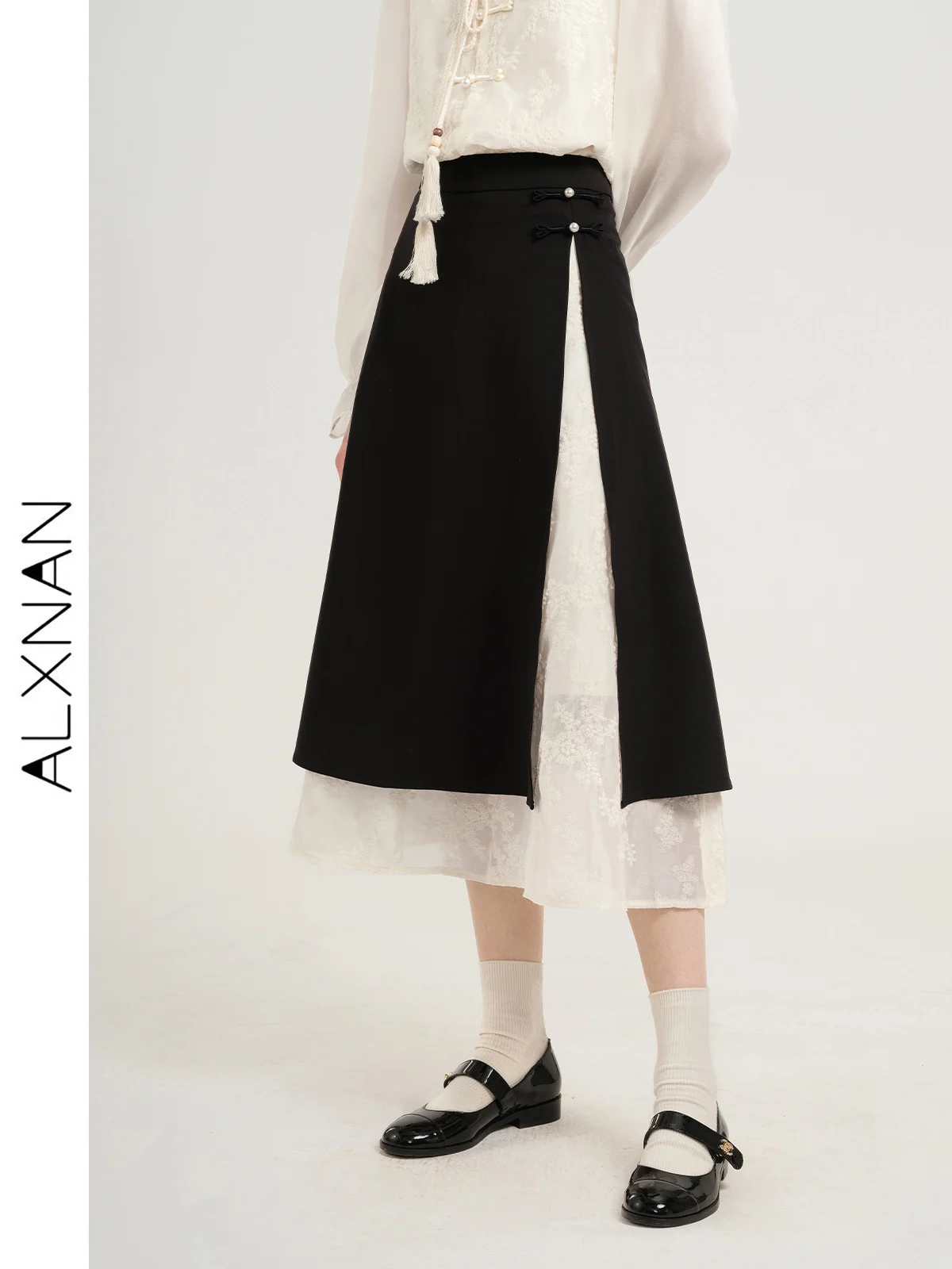 ALXNAN Chinese Style Fake Two-piece Skirt 2024 Temperament Black White Patchwork A-Line Skirt For Women Female Outwear T01107 african women s plus size ol commuter temperament fake two piece set hot drill fashion professional wind bag hip skirt s9750