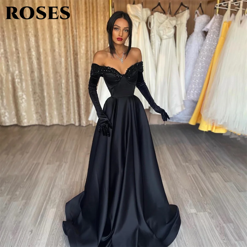 

ROSES A Line Beading Chic Woman Evening Dress Gown Stain Sequin Ball Gown Off The Shoulder Night Dresses Gown robes de soirée