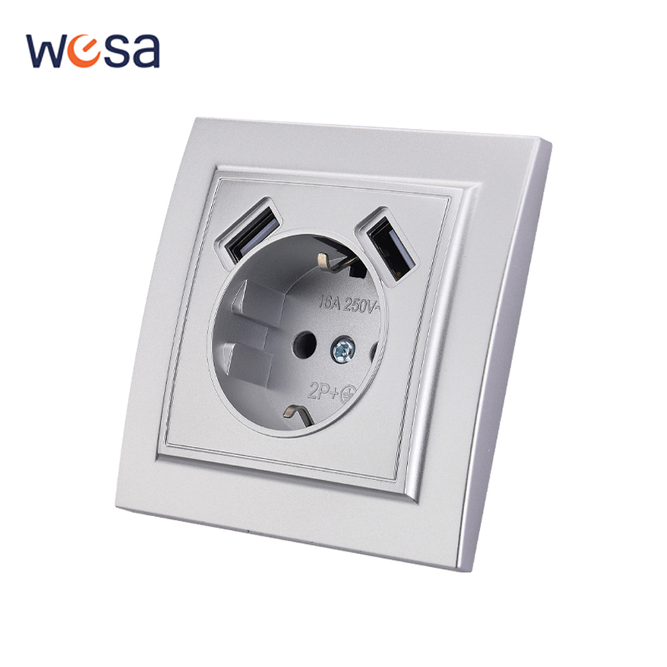 Silvery USB Power Sockets 250V EU Standard Wall Socket Electrical Outlets Classic Flame Retardant With Ground Paint Plastic 250V