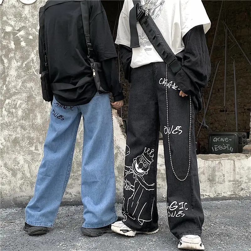 boyfriend jeans Graffiti printed street jeans women's gothic mopping loose wide-leg pants Harajuku street casual all-match jeans trousers women blue jeans