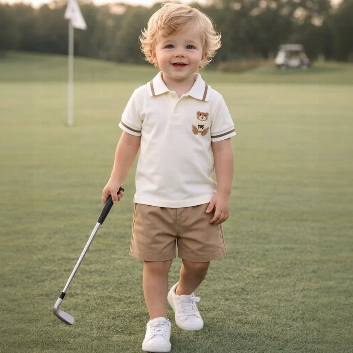 0-3Y Summer Baby Boy Girl 2PCS Bear Decoration Casual Set Lapel Striped Short Sleeve Top+shorts Cotton Children's Clothing 6