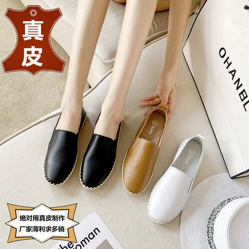 

Туфли женские повседневные из натуральной кожи, мягкие кроссовки без шнуровки, круглый носок, плоская подошва, Мокасины, повседневная обувь, 2023