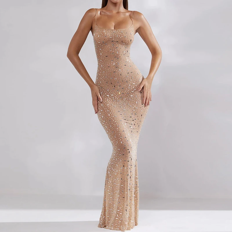 

BKLD Sexy Diamonds Perspective Fishtail Maxi Dress Stylish Suspenders Sleeveless Open Back Night Party Evening Dresses For Women