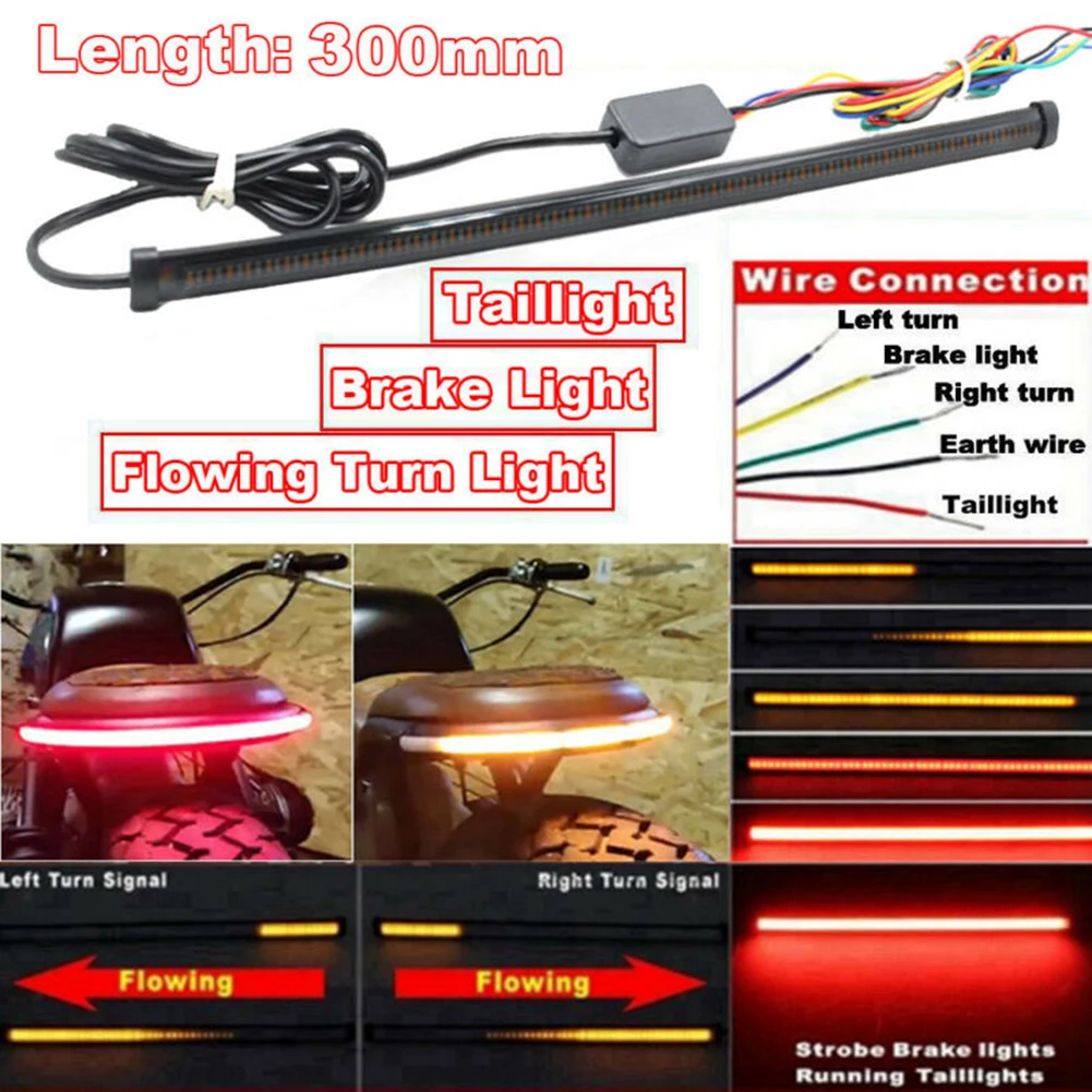 

1pc Auto Flexible LED Motorcycle Stop Light 30CM Sequential Turn Signal Rear Brake Strip Lamp 12V 6000K Motorcycle Signal Lamp