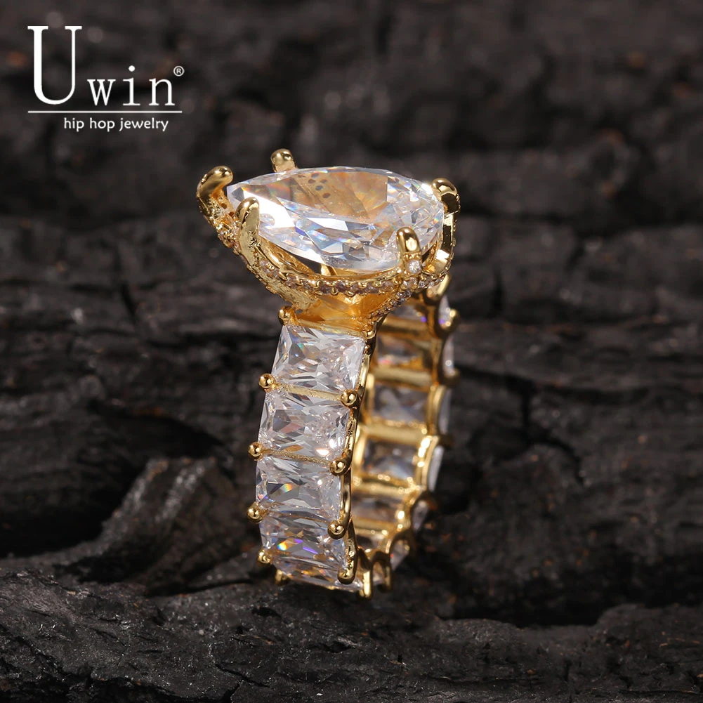 Uwin Big Water Drop Ring Baguetter Cz Pink Full Iced Out Ring Crystal Cubic Zirconia Luxury Accessori Donna Gioielli