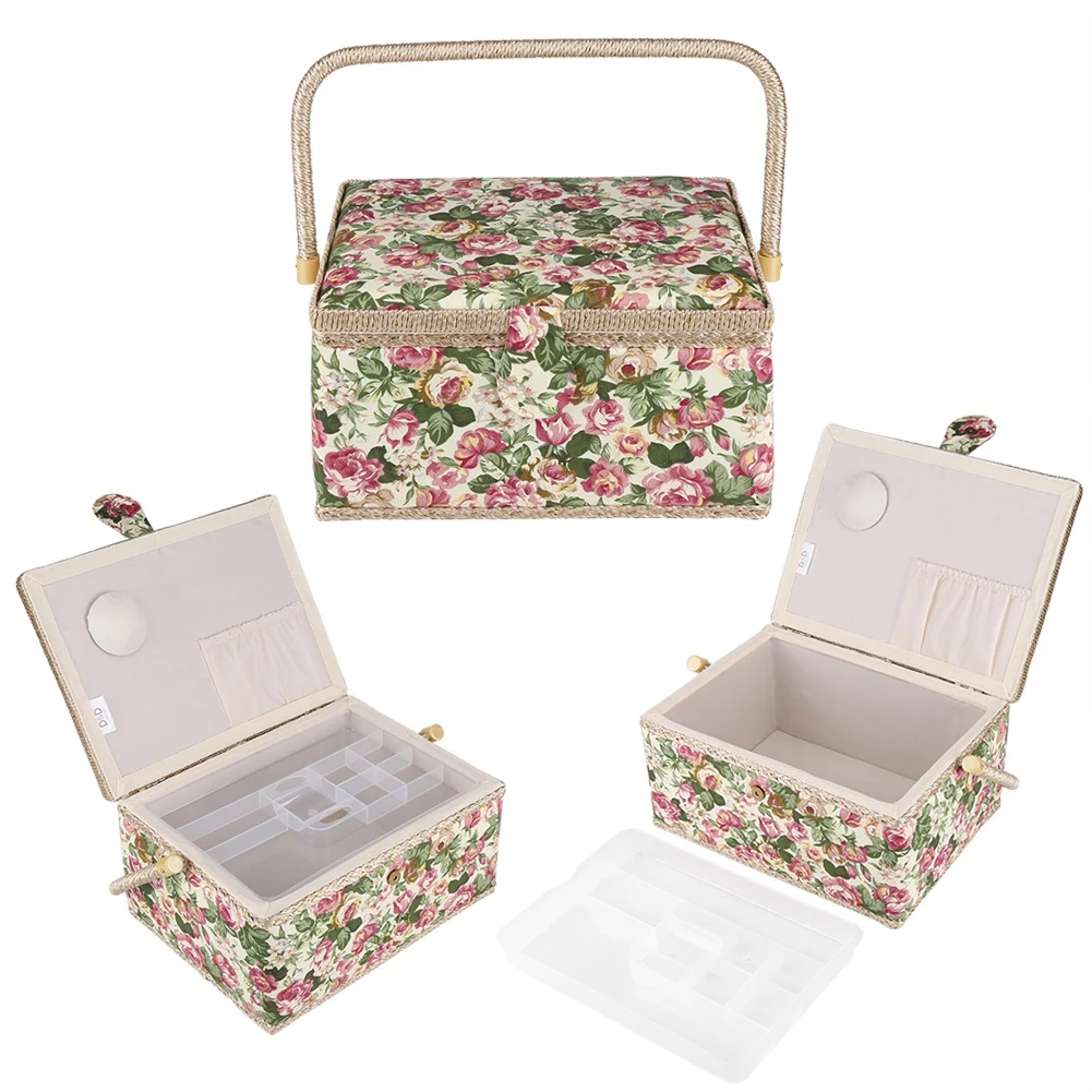 Craft Box Storage Box Fabric Floral Printed Sewing Basket Craft Household Sundry Storage Organizer with Handle Sewing