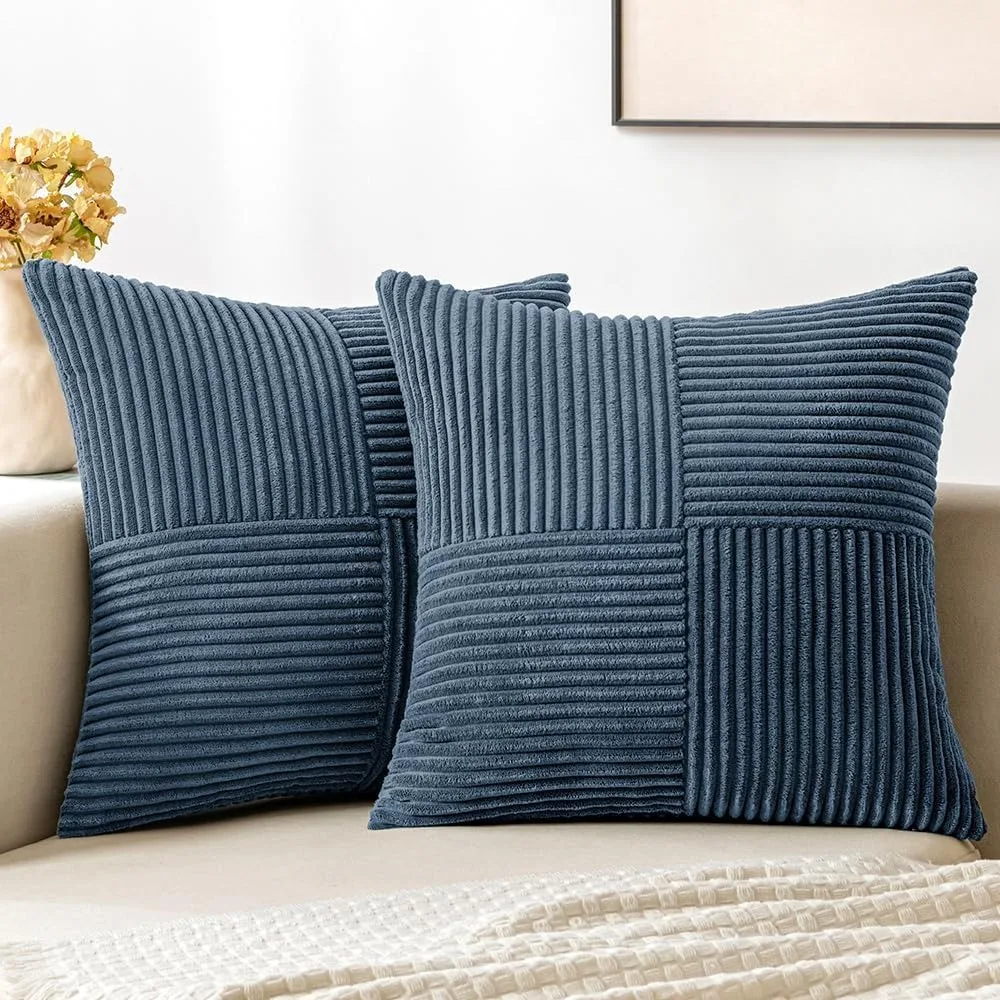 Throw Pillows Cover 18x18 Inch Grey Blue Corduroy Striped Square Pillow Case Western Modern Cushion Cover for Couch Sofa Bedroom 3