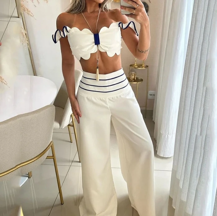 Pants Set Women 2 Piece 2024 Summer New Casual Fashion Wrapped Sleeveless Bra Sexy Off Shoulder Top and Wide Leg Long Pants Sets