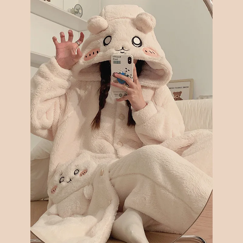 

Winter Cute Chiikawa Cartoon Nightgown Thickened Coral Velvet Hooded Loose Cute Nightgown Home Fur Bathrobe Robes for Women