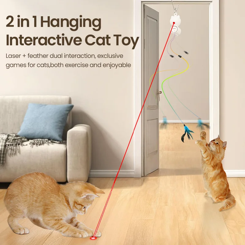 ROJECO Automatic Cat Toys 2 in 1 Laser Toy Retractable Feather Stick - Image 2