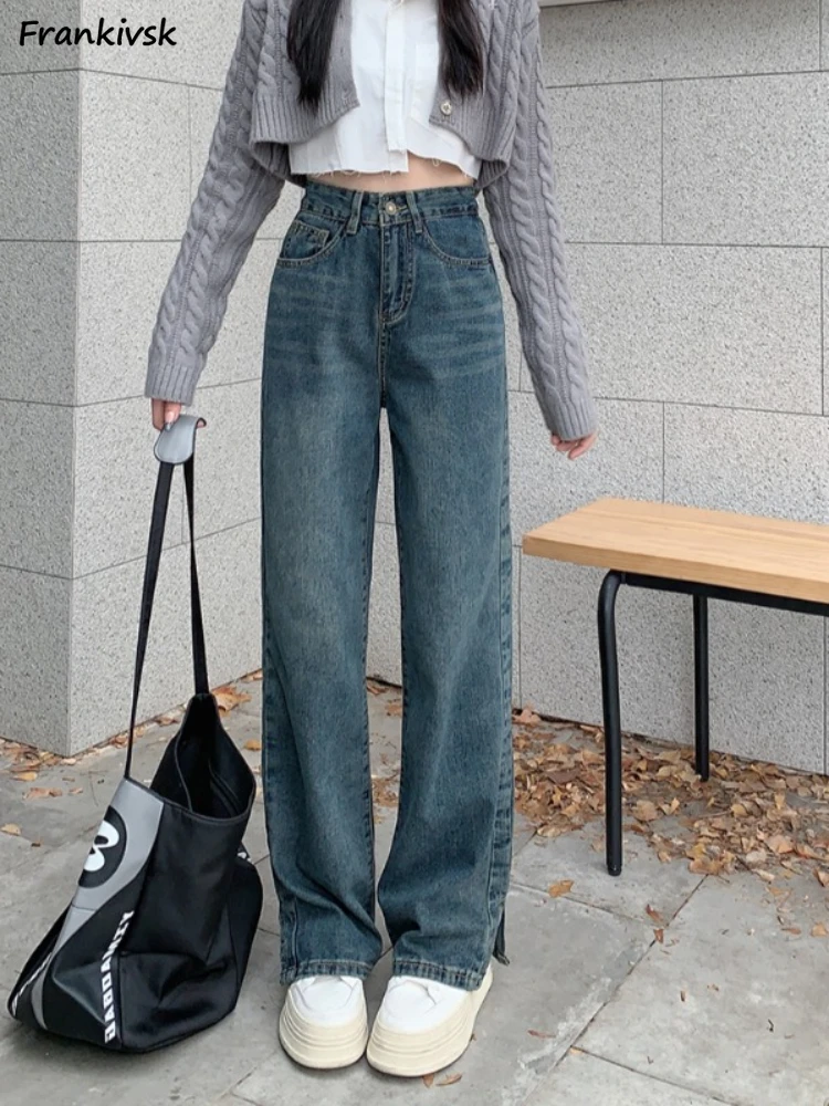 

S-5xl Vintage Jeans Women Bleached High Waist Tassel All-match Fashion Simple Leisure Comfortable American Style Streetwear Chic