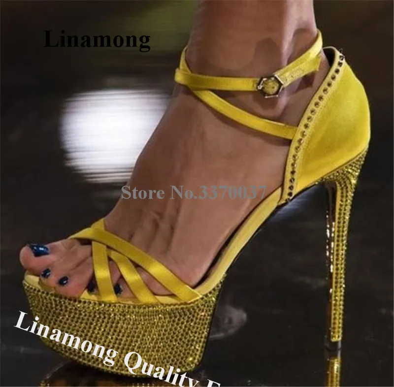 

Rhinestones Satin Sandals Linamong Newest Bling Bling Yellow Pink High Platform Crystals Rivets Dress Shoes Wedding High Heels