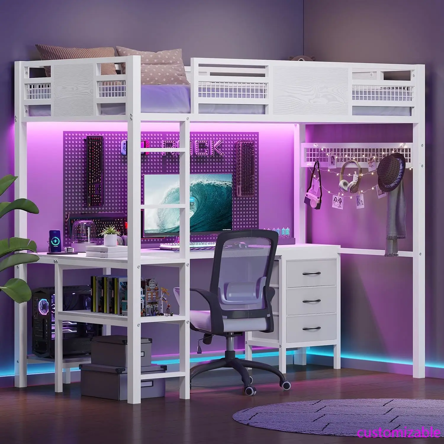 Loft Bed with L-Shaped Desk, Storage Drawers, Shelves, Power Outlets & LED Lights - Space Saving Twin Size