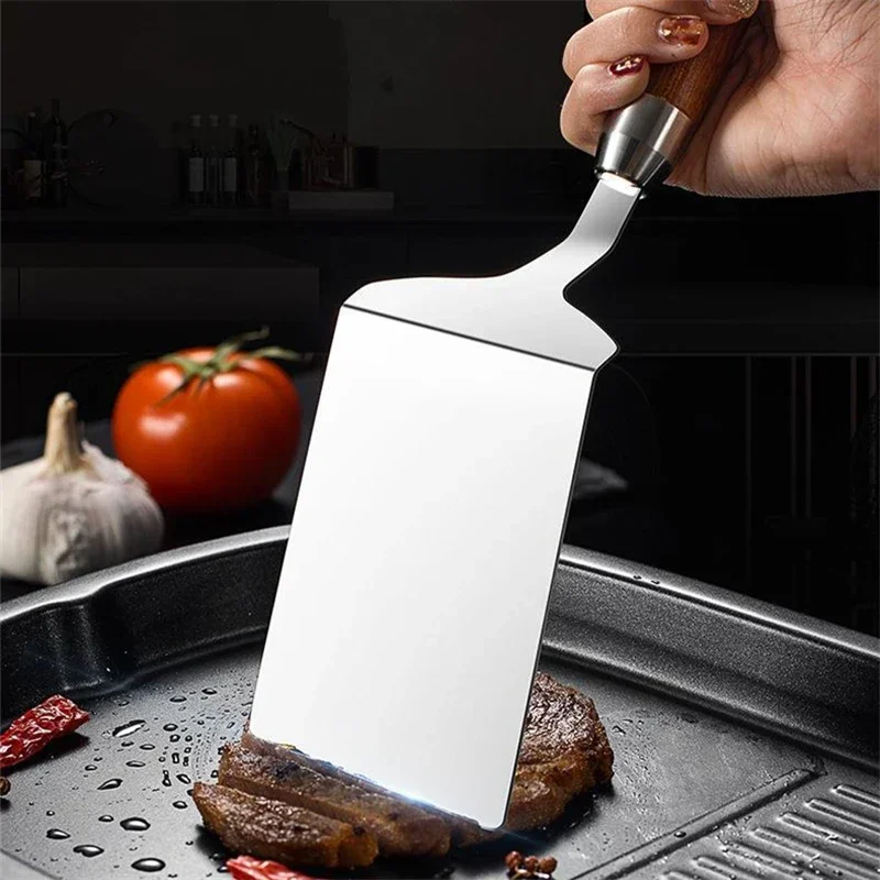 Steak Spatula Stainless Steel Square Head Cooking Spatula Wood Handle BBQ Utensils