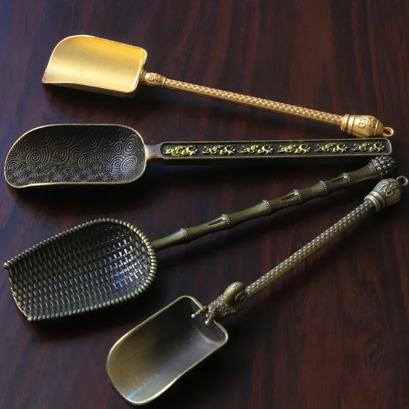 Shovel Shape Tea Spoons Retro Chinese Style Tea Accessories Copper Sugar Salt Coffee Spoons For Kitchen Kongfu Tools Gadgets tea spoons