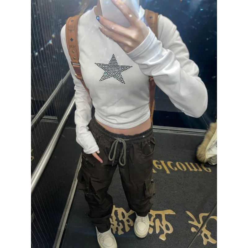 

HOUZHOU Y2k Long Sleeve White T-shirts Women Vintage Streetwear Korean Fashion Kpop Crop Top Harajuku Aesthetic Slim Graphic Tee