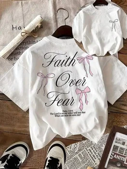 Pink Bow Faith Over Fear Printed Women Tee Shirts All-Match T-Shirt Casual O-Neck Clothes Hip Hop Y2K Short Sleeve 1