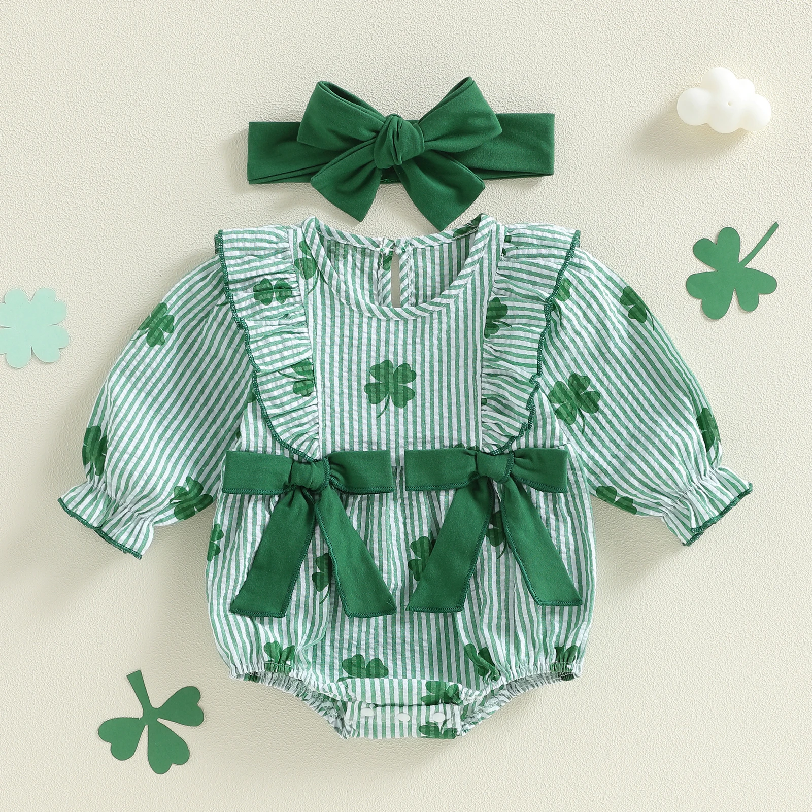 St Patrick s Day Toddler Girls 2 Piece Set Green Clover Print Romper with Matching Bow Headband for Irish Celebration