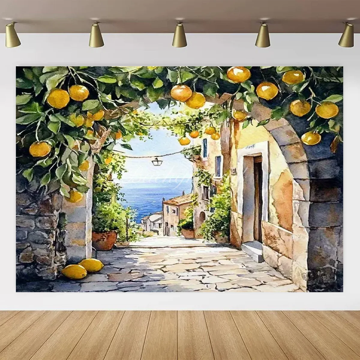 Mittelmeerlandschaft Zitronenbaum Ernte Hintergrund italienischer Stadtgarten Zitronenbaum Festival Jubiläum Raumdekoration Fotobanner – Detail 3