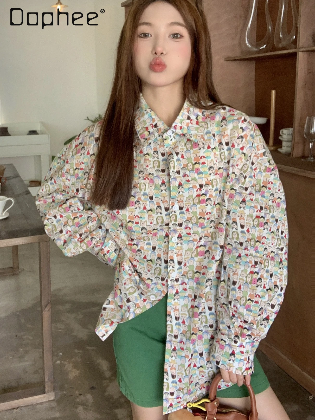 

Korean Style Fashionable Cartoon Printed Loose Slimming Versatile Shirt Women 2024 Spring Summer New Loose Long Sleeve Top