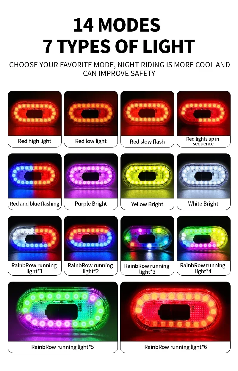 Bike Rear Tail Light 560 MAh Bicycle Lights Memory Mode Rainbow LED Warning Rech