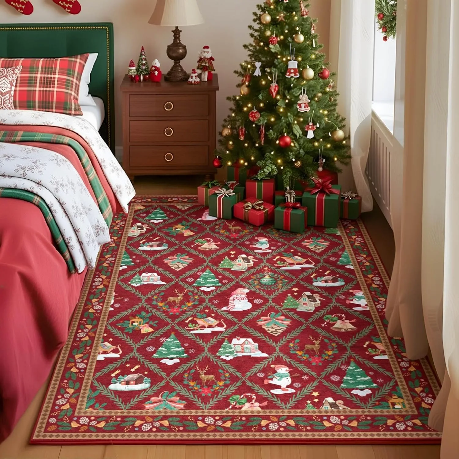Christmas Living Room Carpet Machine Washable Non-slip Bedroom Rug Snowman Green Plant Pattern Dining Room Mat 러그 Ковер Alfombra