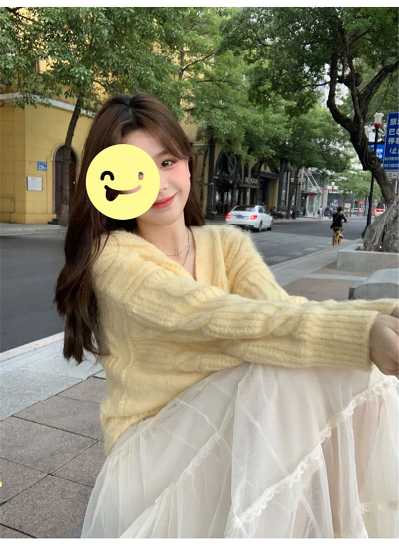 Jielur 여성용 단색 슬림 가디건, 우아한 스트리트 가디건, 노란색, 심플한 기본 패션 상의, 스위트 숙녀용, 가을 신상