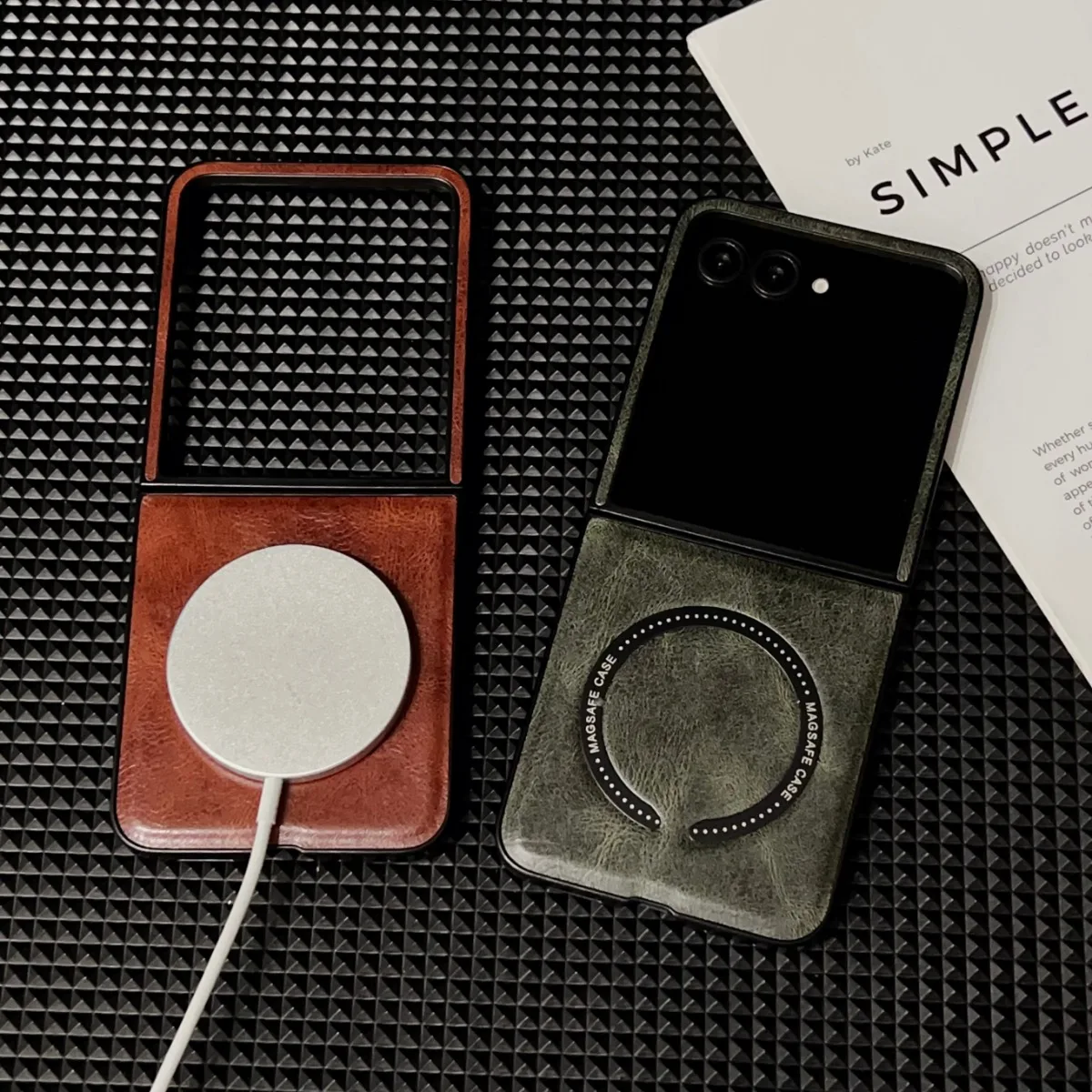Luxury Retro Plain Vegan Leather Magnetic Phone Case with Ultra Protective Cover and Wireless Charging Capability