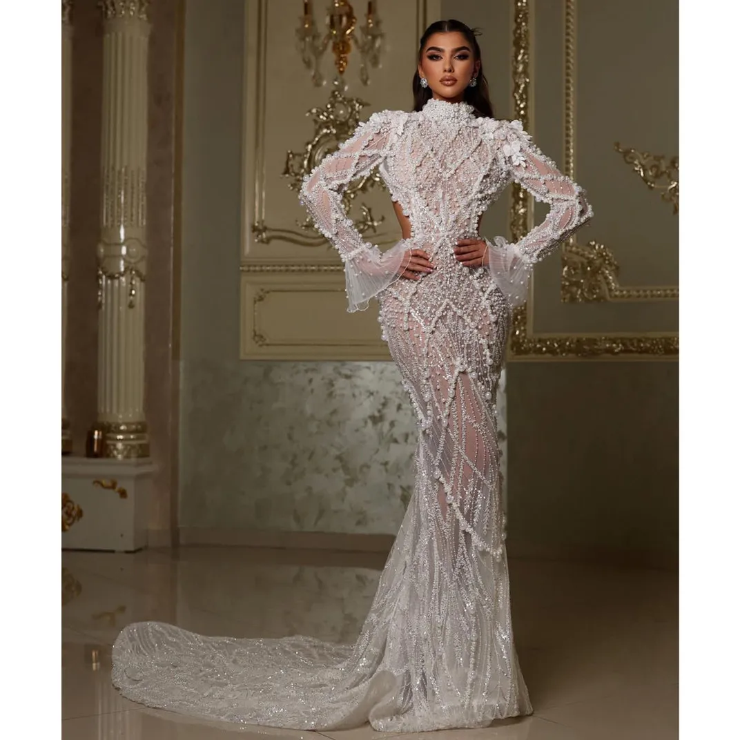 Long Sleeve Luxury Diamond Sparkly Wedding Dress Evening Prom Dress