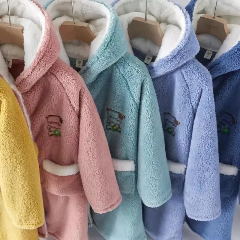 Fashion Hooded Sleepwear for Boys Winter Teenage Thicken Warm Bathrobes Kids Girls Cartoon Bear Flannel Lengthen Homewear 8 12 Y