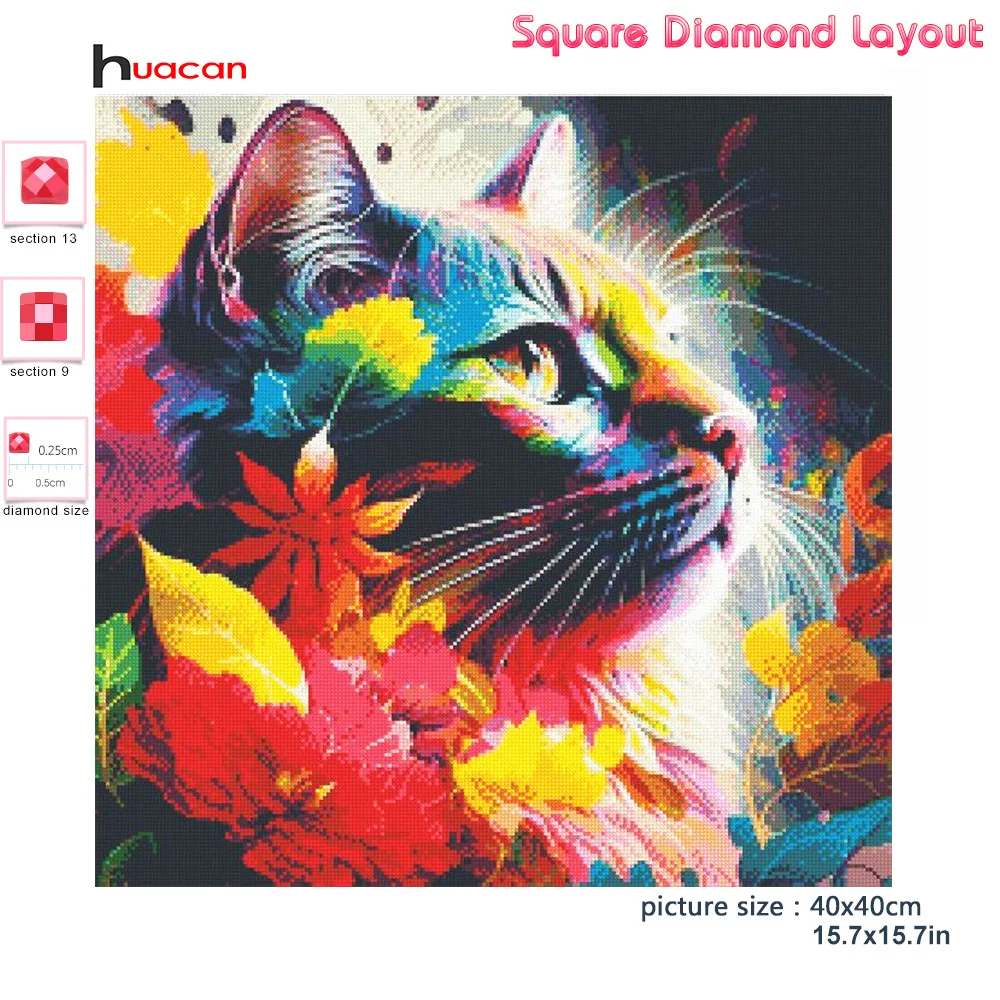 Huacan 5d Diy 다이아몬드 페인팅 고양이 색상 모란 자수 모자이크 동물 꽃 크로스 스티치 키트, 사각형 및 원형 홈 장식