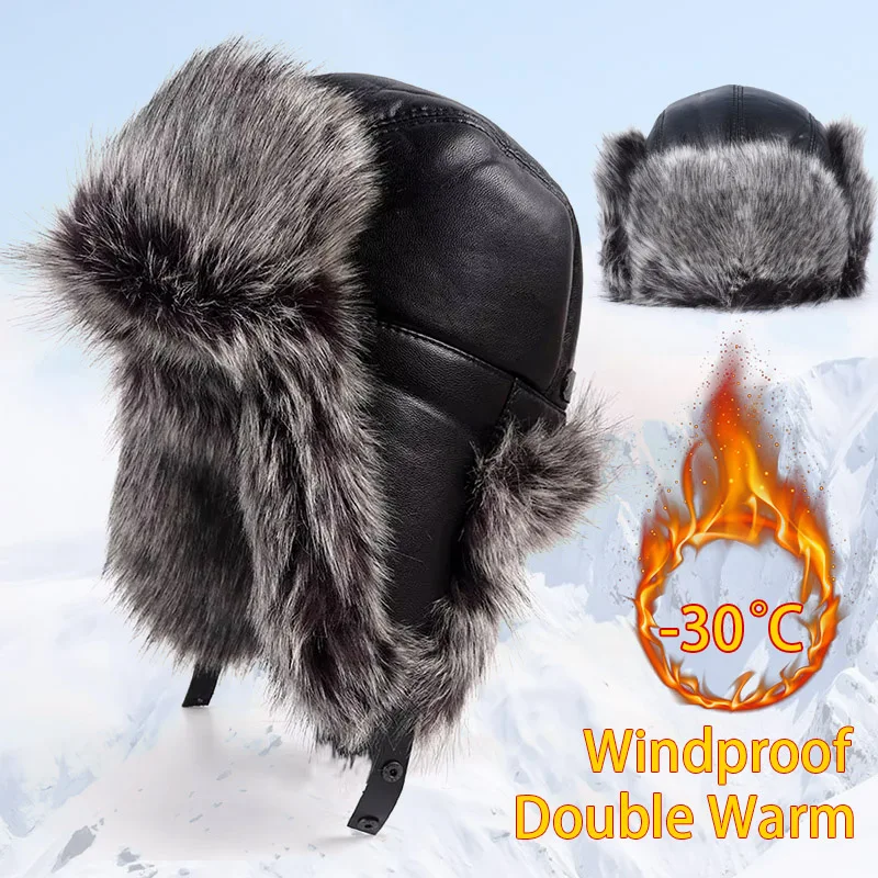 Men's Winter Hat Earflaps Ushanka Russian Luxury Outdoor Warm Faux Fox Fur Bomber Hats Men Leather Trapper Snow Cap