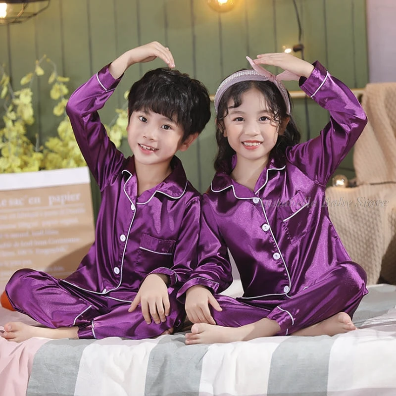 Pajamas 3 6 9 12 14 Year Child Boy Girl Silk Sleepwear Tops Pants Clothing Sets Teens Girls Purple Pyjama Kids Satin Pijamas pajamas sets children pajamas